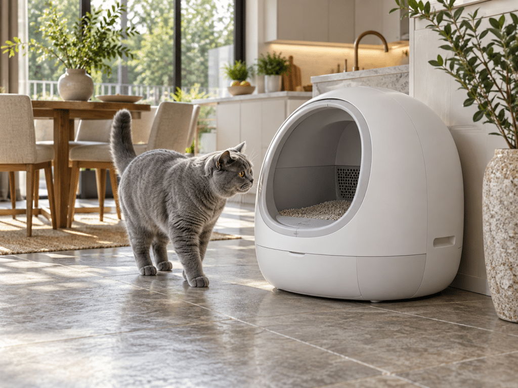 Litière automatique pour chat avec un chat gris dans une cuisine contemporaine